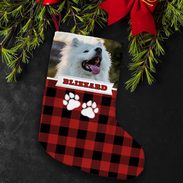 Calcetín Navideño Pequeño Foto personalizada Rustic Red Buffalo Dog Name (Subido por el creador)