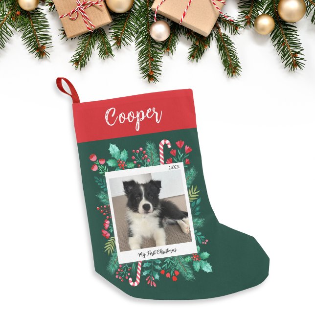 Calcetín Navideño Pequeño Foto y nombre de la primera Navidad de Puppy (Puppy's First Christmas Photo and Name Small Christmas Stocking)