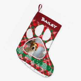 Calcetín Navideño Pequeño Foto y nombre de perro personalizado, escote rojo 