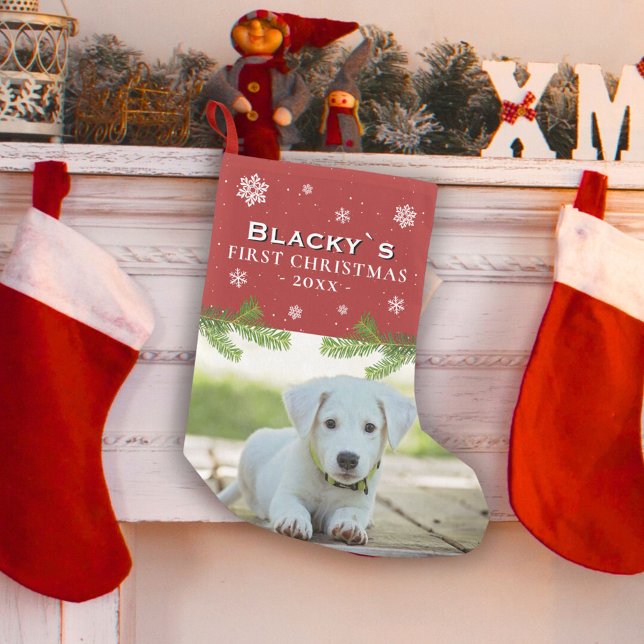Calcetín Navideño Pequeño Fotografía de cachorro de Navidad Prima Roja Pino  (Subido por el creador)