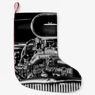 CALCETÍN NAVIDEÑO PEQUEÑO FOTOGRAFÍA DE GRAYSCALE DEL MOTOR DE VINTAGE CAR