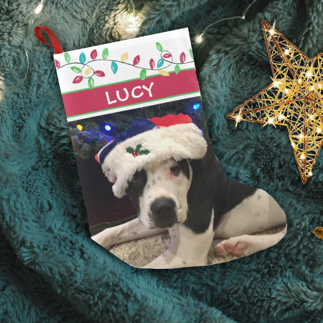 Calcetín Navideño Pequeño Fotografía de perro Acuarela Luces de vacaciones (Subido por el creador)