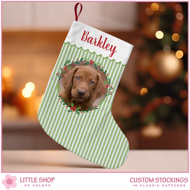 Calcetín Navideño Pequeño Fotografía de perro Mascota de guirnalda verde (Subido por el creador)