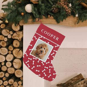 Calcetín Navideño Pequeño Fotografía de perro Patrón de huesos de perro rojo