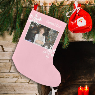 Calcetín Navideño Pequeño Fotos de copos de nieve blancos rosados personaliz