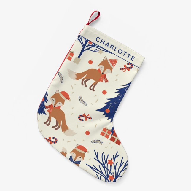 Calcetín Navideño Pequeño Fox retro y árbol de Navidad personalizados (Frente (Colgado))