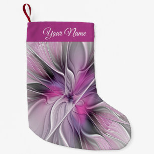 Calcetín Navideño Pequeño Fractal Floral Abstracto Flor Rosa Gris Nombre Pro