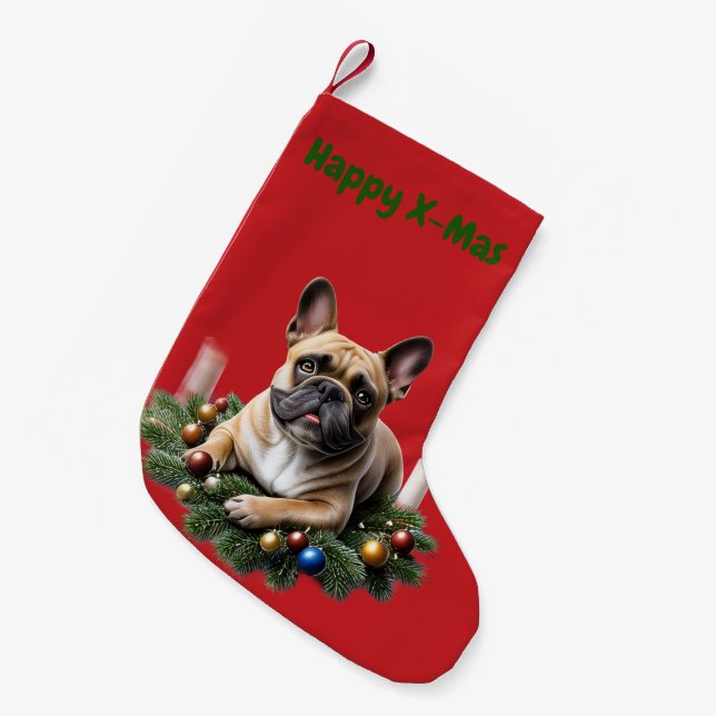 Calcetín Navideño Pequeño Französische Bulldogge Weihnachten Kranz (Frente (Colgado))