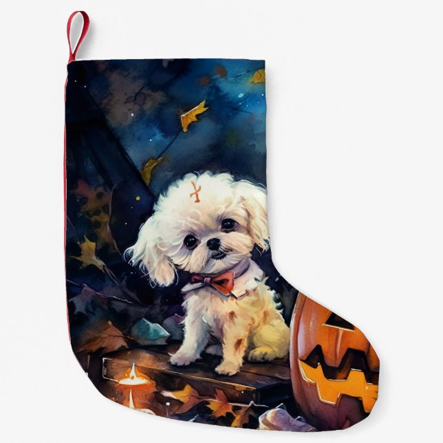 Calcetín Navideño Pequeño Frisa de Bichon de Halloween con calabazas asustad (Anverso)