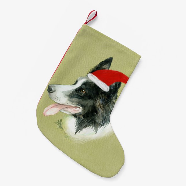 Calcetín Navideño Pequeño Frontera Collie Dog w Navidades Santa Hat (Frente (Colgado))