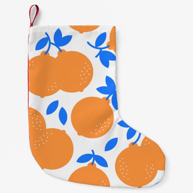 Calcetín Navideño Pequeño Fruta naranja: Exquisito patrón azulado. (Anverso)