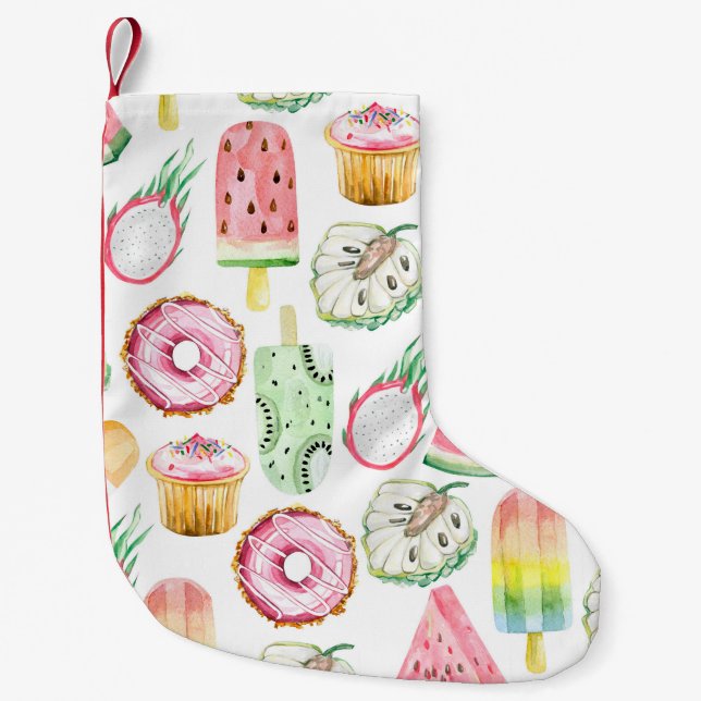 Calcetín Navideño Pequeño Frutas tropicales acuáticas, patrón de helados. (Anverso)