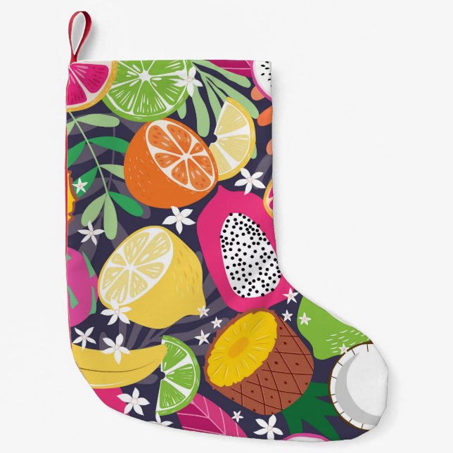 Calcetín Navideño Pequeño Frutas tropicales exóticas Fondo oscuro (Anverso)