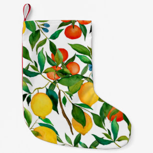Calcetín Navideño Pequeño Frutos cítricos, acuarela vibrante.
