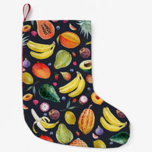 Calcetín Navideño Pequeño Frutos Tropicales: Patrón multifruta acuarela.
