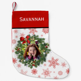 Calcetín Navideño Pequeño Fun Holiday Wreath Photo Frame Red Snflakes