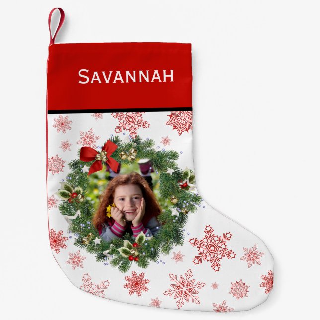 Calcetín Navideño Pequeño Fun Holiday Wreath Photo Frame Red Snflakes (Anverso)