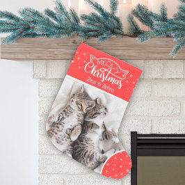 Calcetín Navideño Pequeño Fun meowy Navidades gato foto nombre rojo y blanco