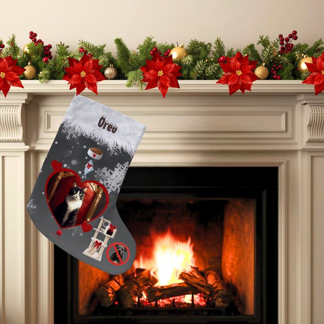 Calcetín Navideño Pequeño Funny Gray Black Cat Christmas Wishes Pet Photo (Funny stocking for cat lovers with your uploaded photo and things kitty may want for Christmas)