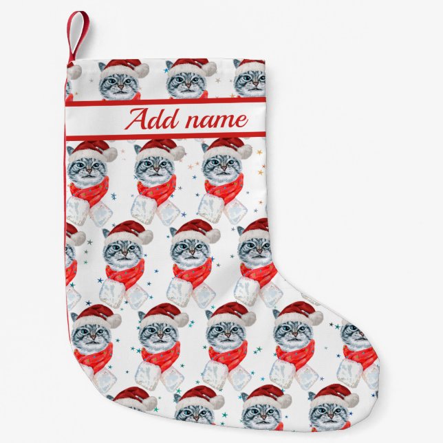 Calcetín Navideño Pequeño Funny Gray Tabby Cat With Santa Hat Christmas (Anverso)