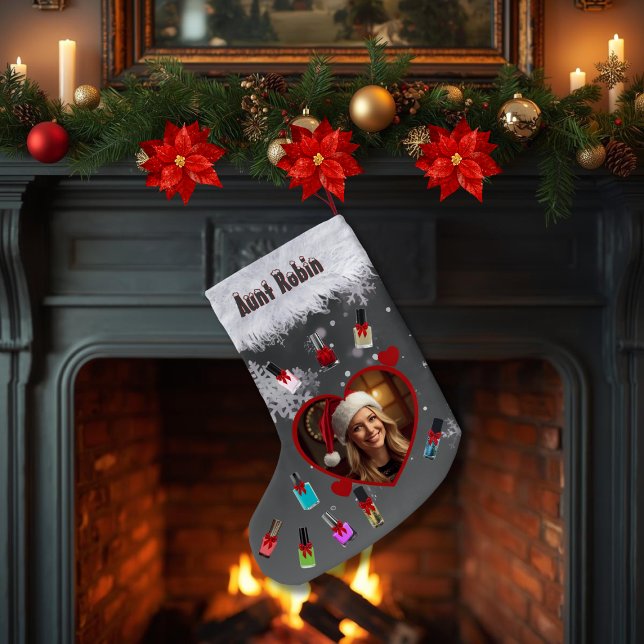 Calcetín Navideño Pequeño Funny Manicure Lover Fingernail Polish and Photo (Funny stocking of nail polish bottles for the quirky family member who loves manicures)