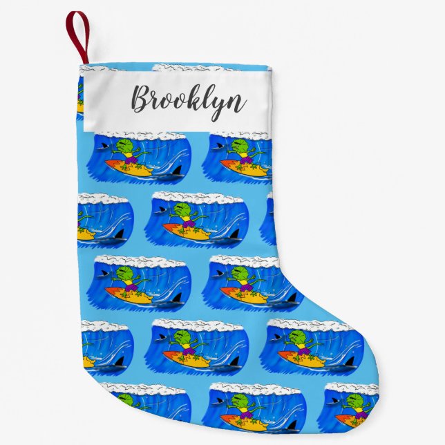 Calcetín Navideño Pequeño Funny personalizado de surf con lagarto frito (Anverso)