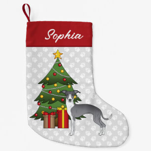Calcetín Navideño Pequeño Galgo Italiano Azul y Blanco & Árbol de Navidad