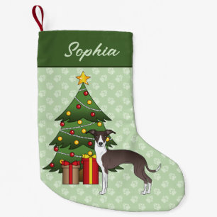 Calcetín Navideño Pequeño Galgo Italiano Blanco y Gris con Árbol de Navidad