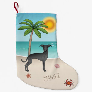 Calcetín Navideño Pequeño Galgo Italiano Negro en Playa Tropical de Verano