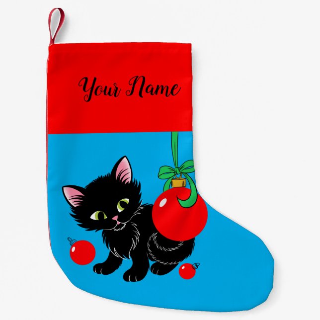 Calcetín Navideño Pequeño Gatito negro dulce personalizado (Anverso)