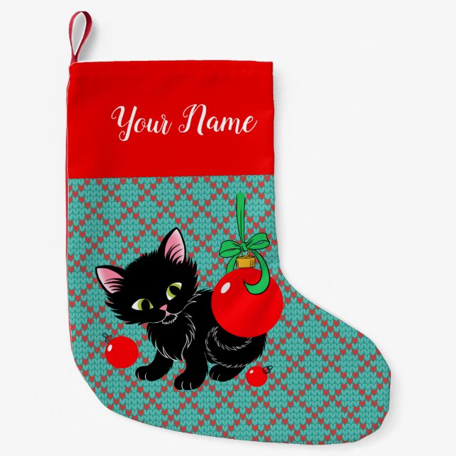 Calcetín Navideño Pequeño Gatito negro lindo personalizado (Anverso)
