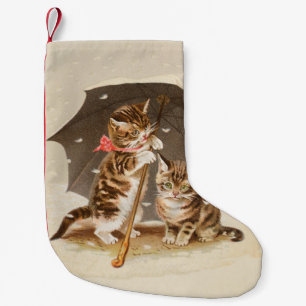 Calcetín Navideño Pequeño Gatitos antiguos bajo paraguas arte de gato antigu