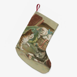 Calcetín Navideño Pequeño Gatitos Victorianos Antiguos Jugando en una Cesta 