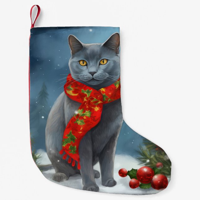 Calcetín Navideño Pequeño Gato azul ruso en Navidades de nieve (Anverso)