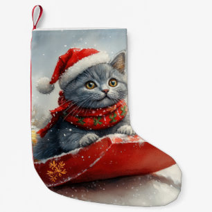 Calcetín Navideño Pequeño Gato Azul Ruso en Trineo Deja que Nieve Navidad