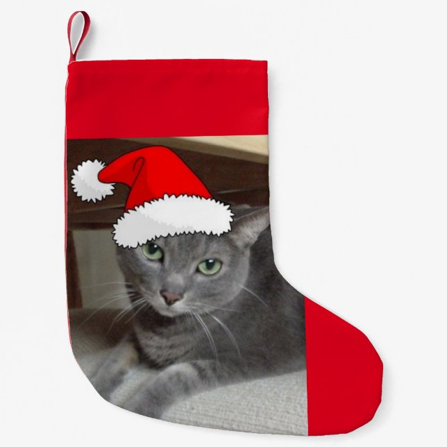 Calcetín Navideño Pequeño Gato azul ruso navidad (Anverso)