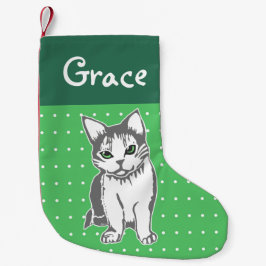 Calcetín Navideño Pequeño Gato blanco gris Personalizado Navidades verdes
