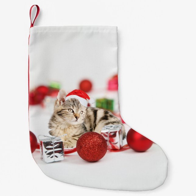 Calcetín Navideño Pequeño Gato con sombrero rojo de Papá Noel Ornamento de N (Anverso)
