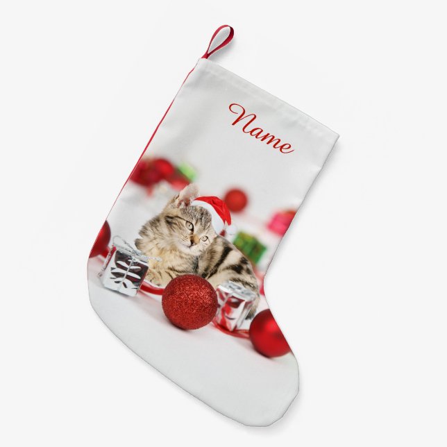 Calcetín Navideño Pequeño Gato con sombrero rojo de Papá Noel Ornamento de N (Frente (Colgado))