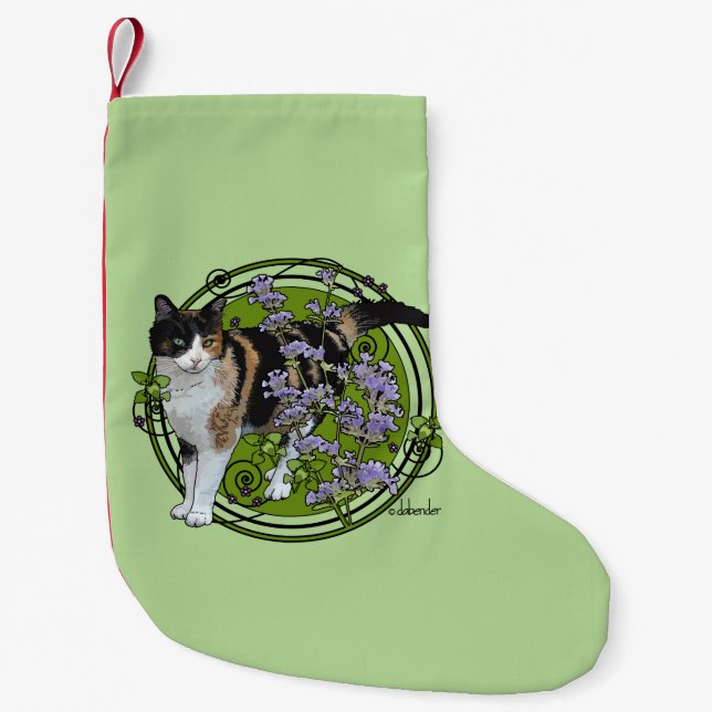Calcetín Navideño Pequeño Gato de calicó con el Nepeta (Anverso)