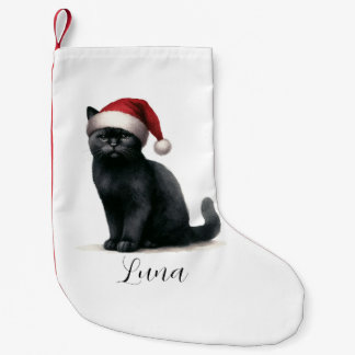 Calcetín Navideño Pequeño Gato de color de agua negro en fiesta de Santa Hat