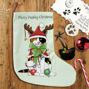 Calcetín Navideño Pequeño Gato de Navidad divertido y festivo de calicó verd