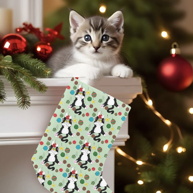 Calcetín Navideño Pequeño Gato de Navidades blancos tuxedo (Subido por el creador)