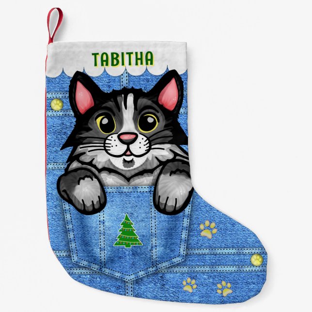 Calcetín Navideño Pequeño Gato de Tuxedo en bolsillo falso de denim con nomb (Anverso)