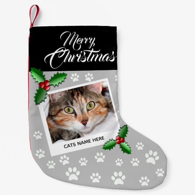 Calcetín Navideño Pequeño Gato elegante personalizado (Anverso)