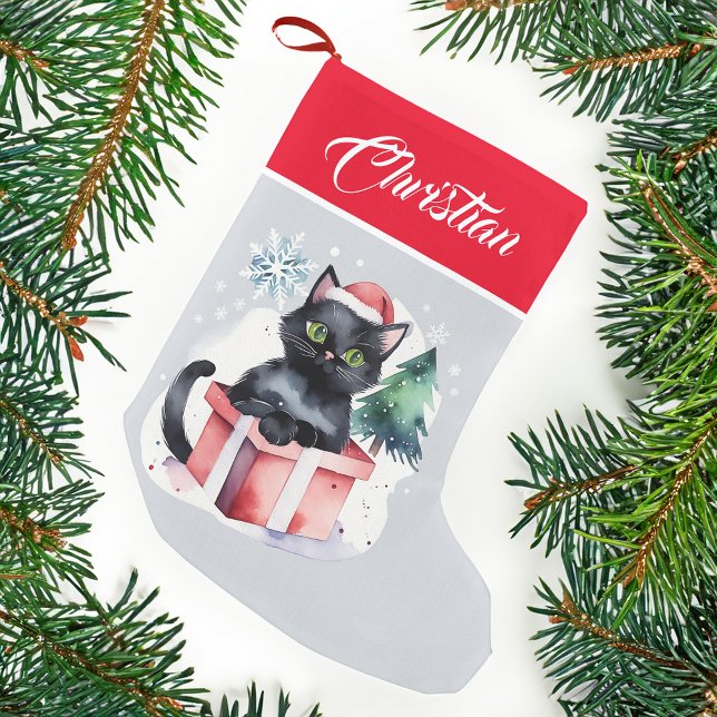 Calcetín Navideño Pequeño Gato en una caja Navidades regalos personas gatos (Cat in a gift box Christmas stocking personalized name Christmas gifts for cat lovers)