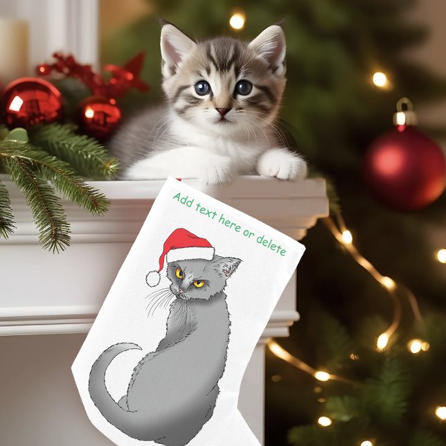 Calcetín Navideño Pequeño Gato gris de Navidades divertidos (Subido por el creador)