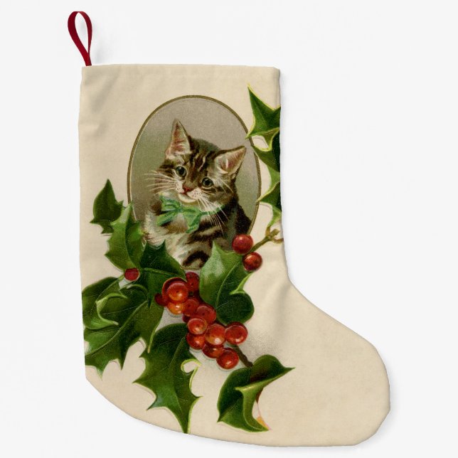 Calcetín Navideño Pequeño Gato Navidades Merry Holly Kitten Arte Antiguo (Anverso)