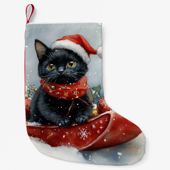 Calcetín Navideño Pequeño Gato negro con manchas deja que nieve Navidades (Anverso)
