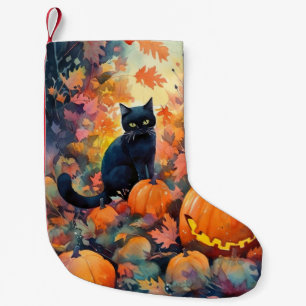 Calcetín Navideño Pequeño Gato negro de Halloween con calabazas aterradoras